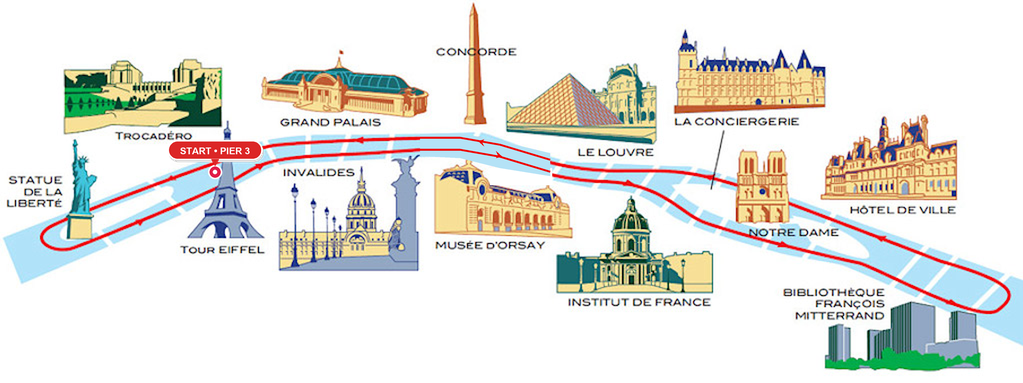 Official Illustrated 70-Minute Bateaux Parisiens Seine River Cruise Itinerary starting from Eiffel Tower Pier 3